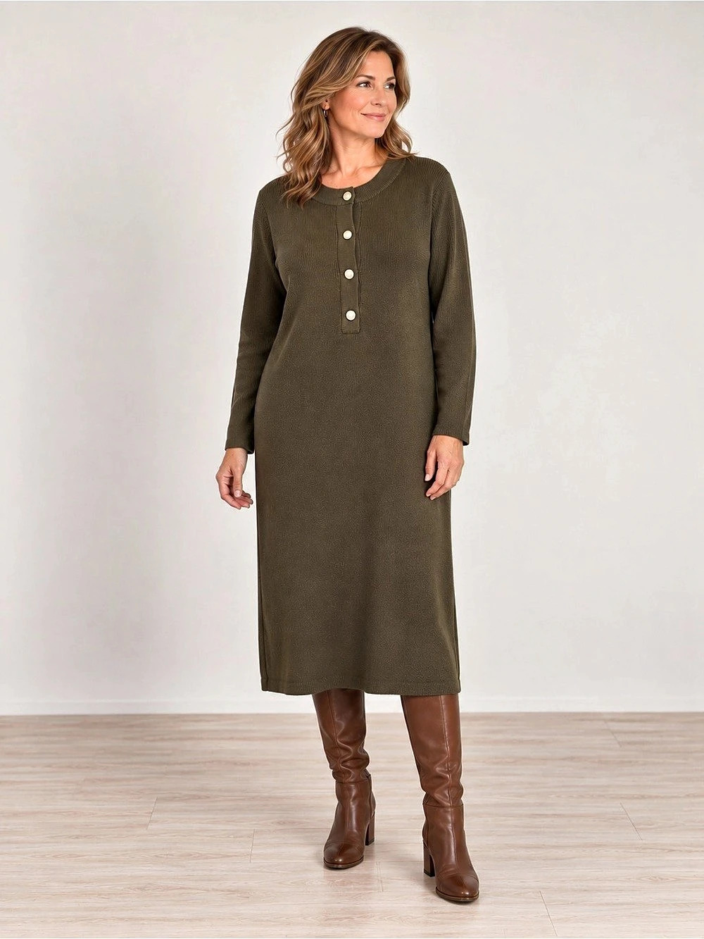 Talbots Plus 2X NWT Deep Khaki Green Ribbed Knit Sweater Dress Button Front